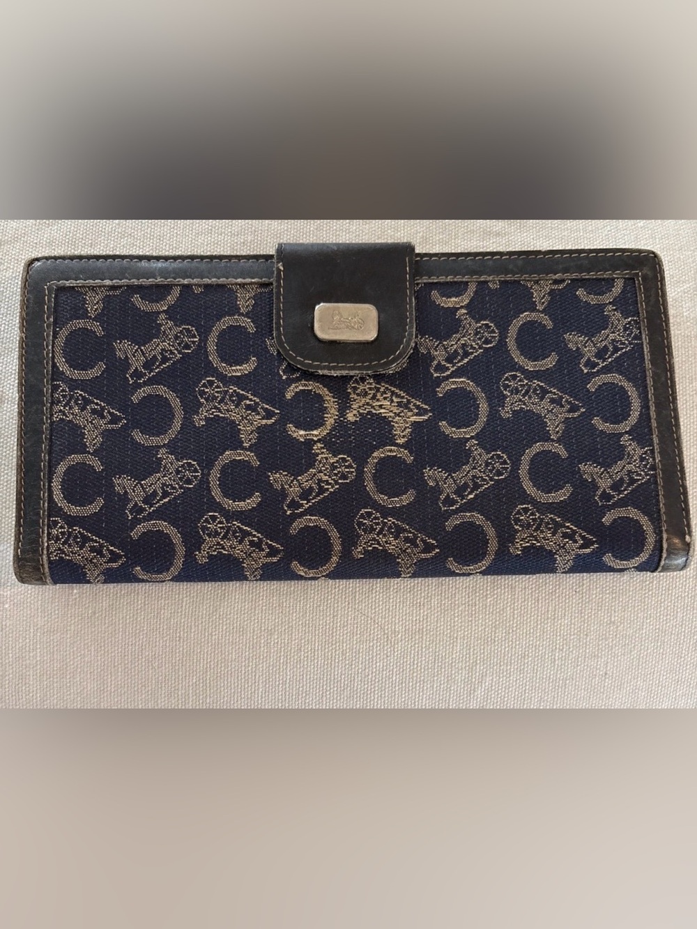 Celine Navy Blue Horse And Carriage Long Thin Wallet Canvas And Leather Vintage - Picture 1 of 15